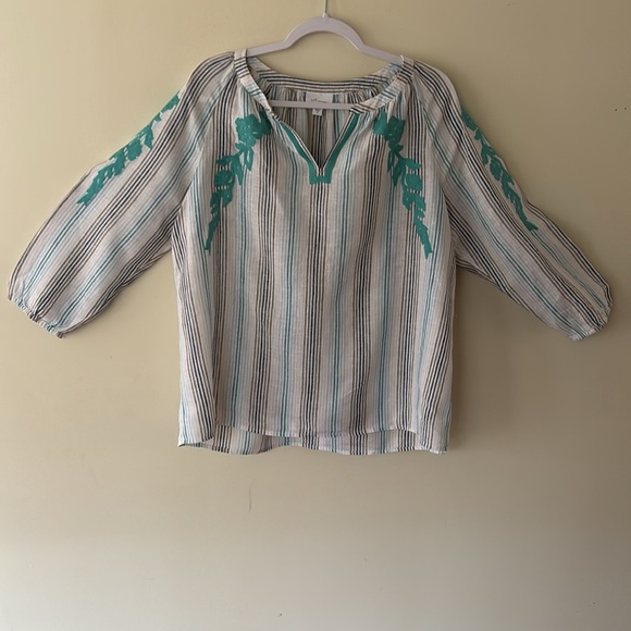 J. Jill Love Linen Blouse White With Teal Stripes Scroll Pattern Size M - Picture 7 of 10